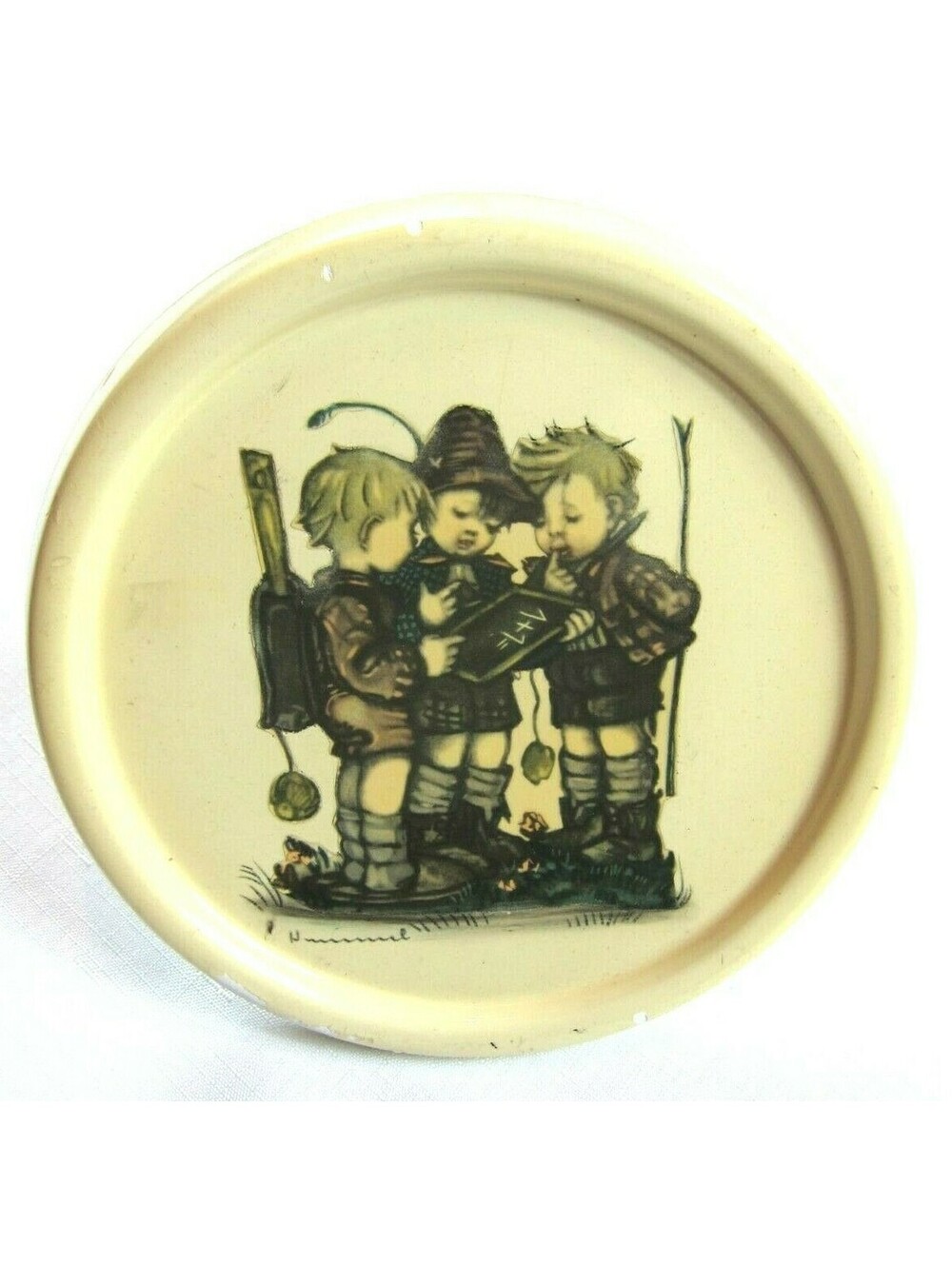 Vintage Hummel 3 School Boys 6.5" Round Glazed Chalkware Wall Plaque Hanging